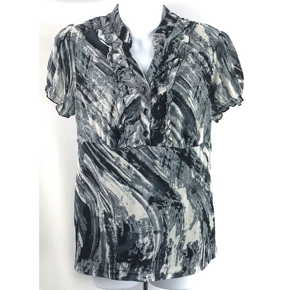 Vintage babydoll Mesh Top L Gray Geo Ruffles Button Band Collar Empire Y2K 2000s
